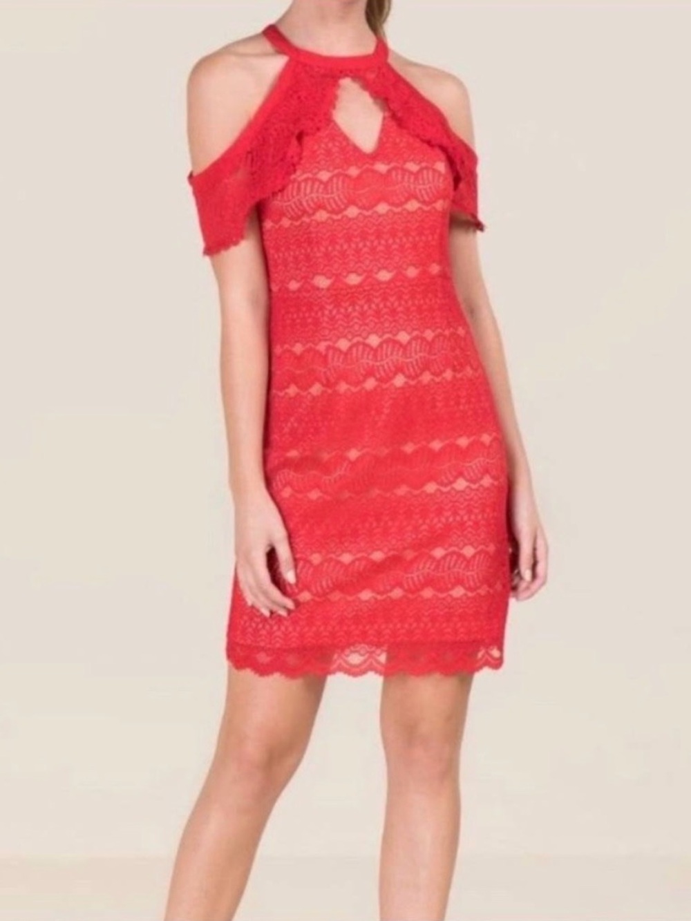 Francesca's Collections Red Lace Cold-Shoulder Halter Mini Dress
